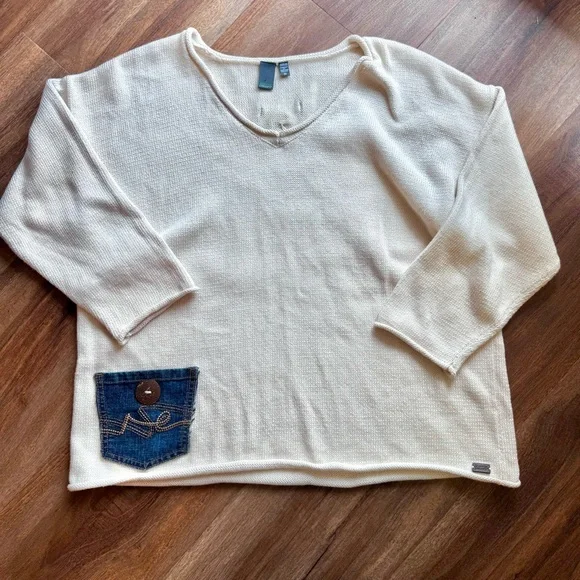 Shannon Passero Cotton White Pullover Knit Sweater Denim Pocket Minimalist - Picture 2 of 8